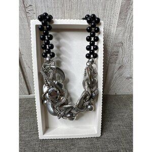 Lucia Silver & Black Beaded Statement Necklace Chunky Chain Design Women Fashion
